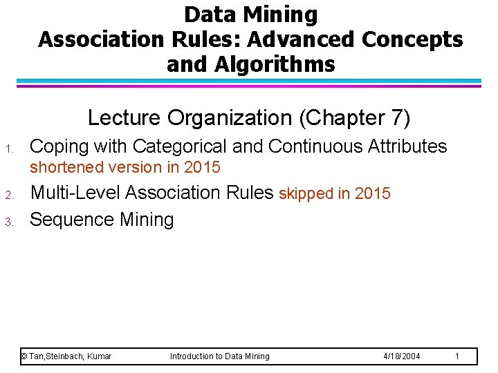 Data Mining Association Rules: Advanced Concepts and Algorithms Lecture Organization (Chapter 7) 1. Coping
