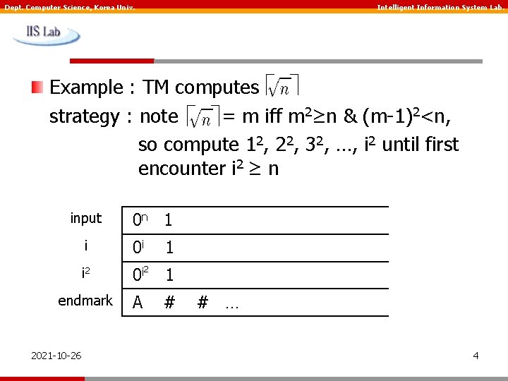 Dept. Computer Science, Korea Univ. Intelligent Information System Lab. Example : TM computes strategy