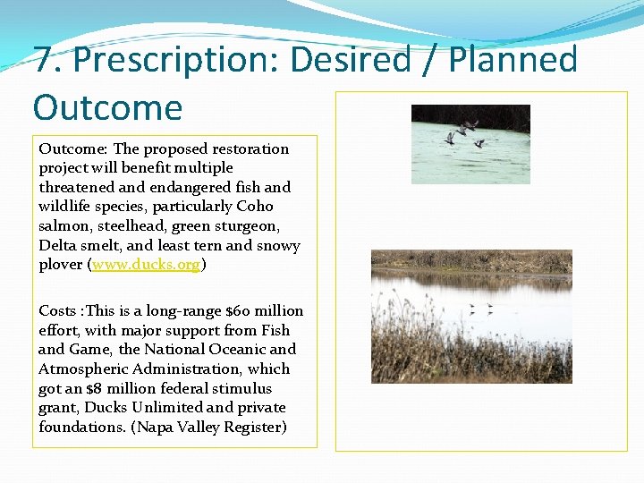 7. Prescription: Desired / Planned Outcome: The proposed restoration project will benefit multiple threatened