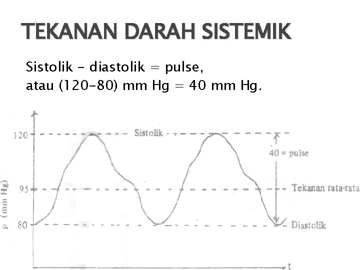 TEKANAN DARAH SISTEMIK Sistolik - diastolik = pulse, atau (120 -80) mm Hg =