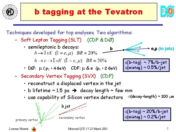 b tagging at the Tevatron Techniques developed for top analyses. Two algorithms: – Soft