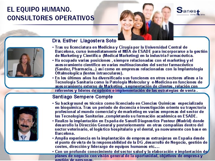 EL EQUIPO HUMANO. CONSULTORES OPERATIVOS Dra. Esther Llagostera Soto • Tras su licenciatura en