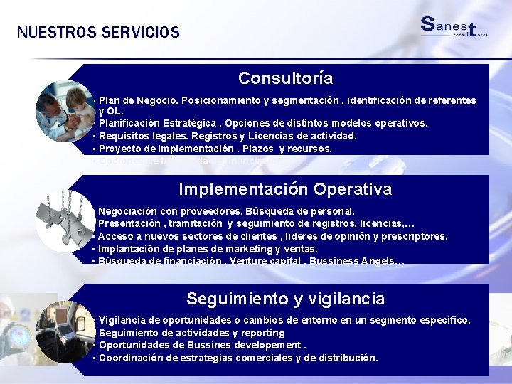 NUESTROS SERVICIOS Consultoría • Plan de Negocio. Posicionamiento y segmentación , identificación de referentes