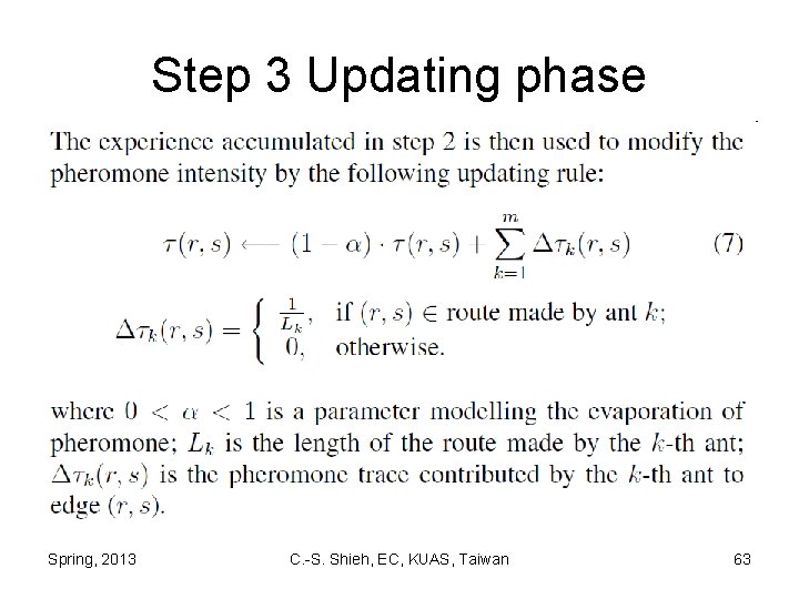 Step 3 Updating phase Spring, 2013 C. -S. Shieh, EC, KUAS, Taiwan 63 