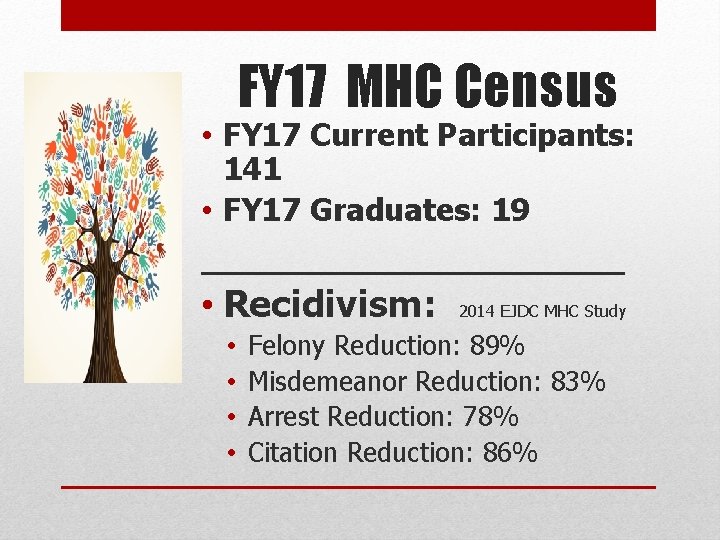 FY 17 MHC Census • FY 17 Current Participants: 141 • FY 17 Graduates: