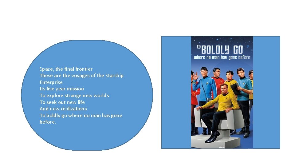 Space, the final frontier These are the voyages of the Starship Enterprise Its five