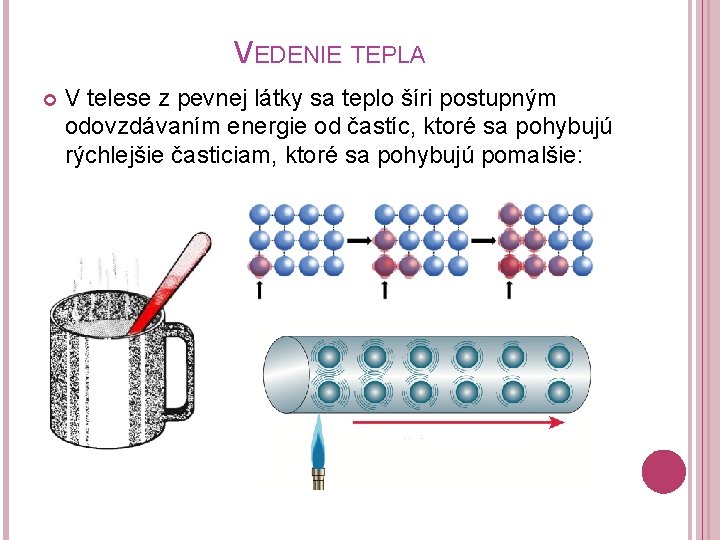 VEDENIE TEPLA V telese z pevnej látky sa teplo šíri postupným odovzdávaním energie od