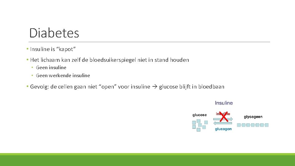 Diabetes • Insuline is “kapot” • Het lichaam kan zelf de bloedsuikerspiegel niet in