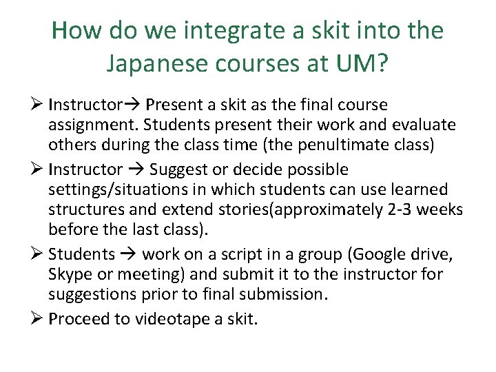 How do we integrate a skit into the Japanese courses at UM? Ø Instructor