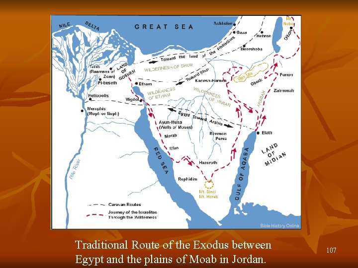 Traditional Route of the Exodus between Egypt and the plains of Moab in Jordan.
