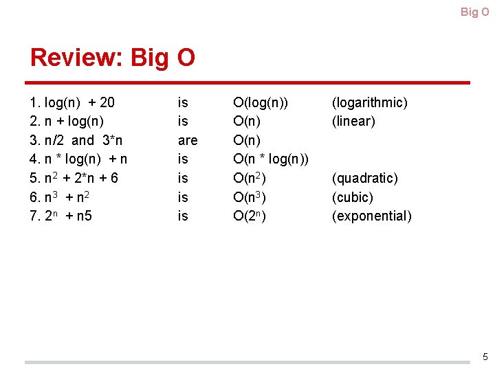 Big O Review: Big O 1. log(n) + 20 2. n + log(n) 3.