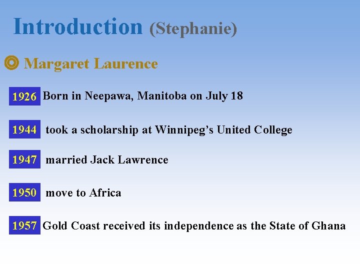 Introduction (Stephanie) ◎ Margaret Laurence 1926 Born in Neepawa, Manitoba on July 18 1944