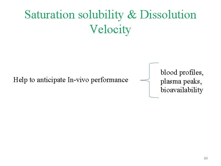 Saturation solubility & Dissolution Velocity Help to anticipate In-vivo performance blood profiles, plasma peaks,