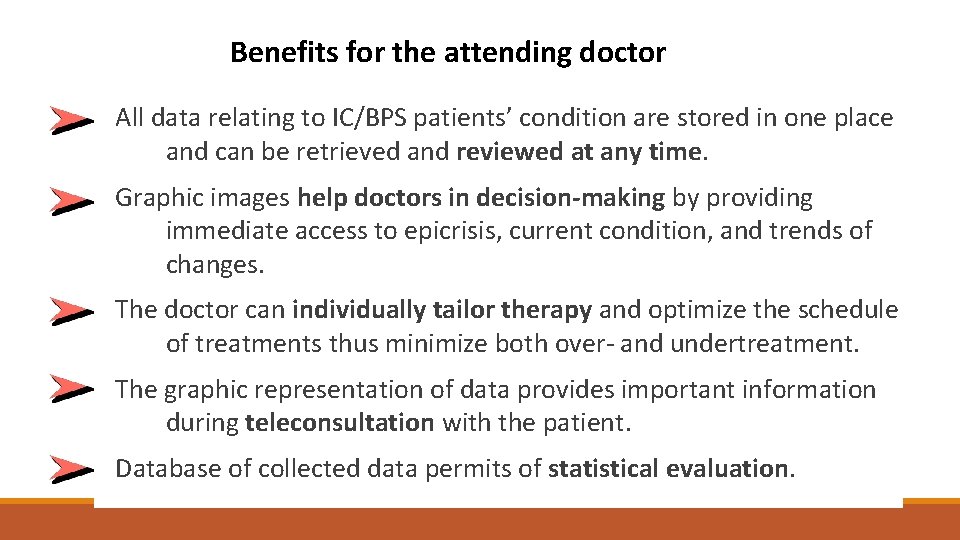 Benefits for the attending doctor All data relating to IC/BPS patients’ condition are stored