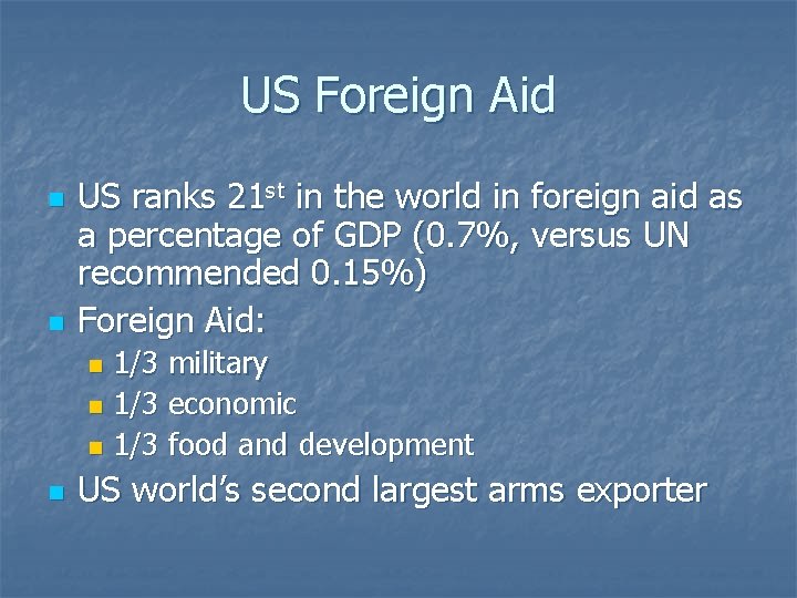 US Foreign Aid n n US ranks 21 st in the world in foreign