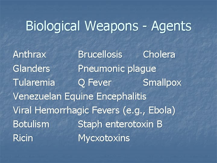 Biological Weapons - Agents Anthrax Brucellosis Cholera Glanders Pneumonic plague Tularemia Q Fever Smallpox