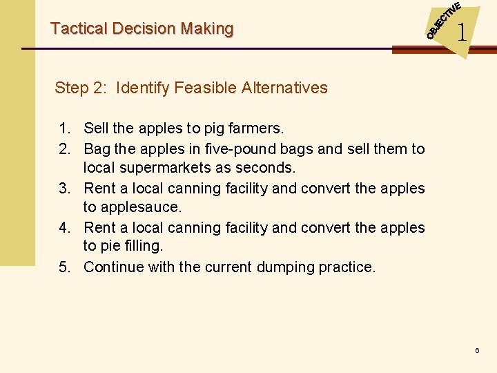 Tactical Decision Making 1 Step 2: Identify Feasible Alternatives 1. Sell the apples to