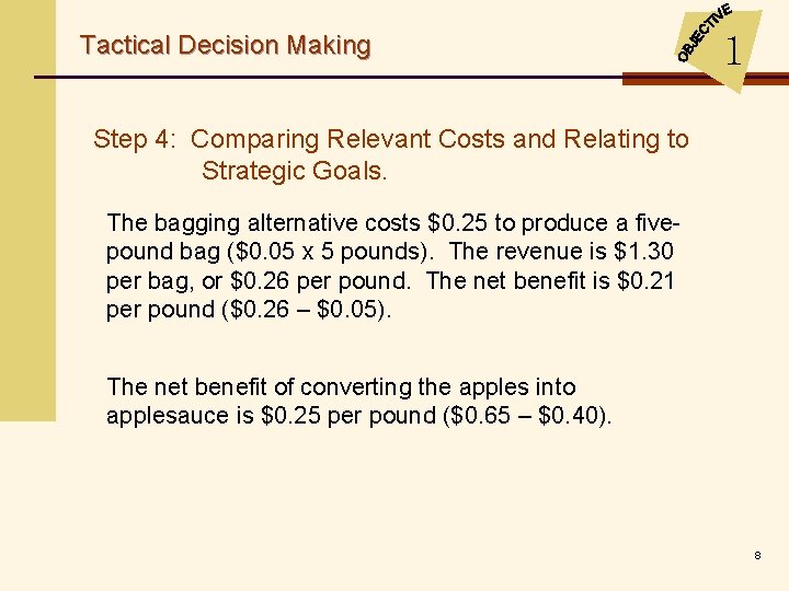 Tactical Decision Making 1 Step 4: Comparing Relevant Costs and Relating to Strategic Goals.