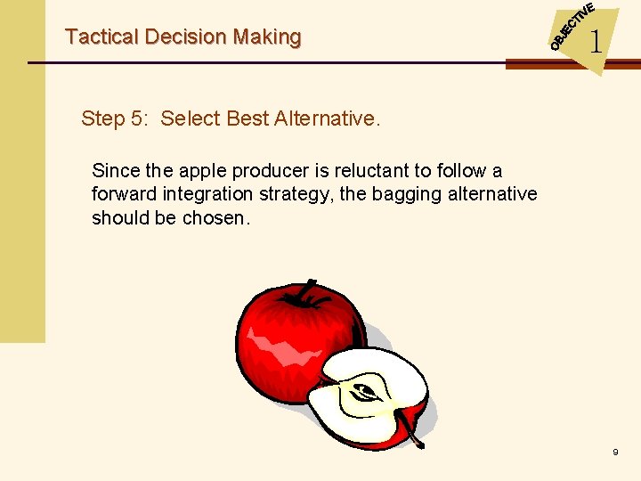 Tactical Decision Making 1 Step 5: Select Best Alternative. Since the apple producer is