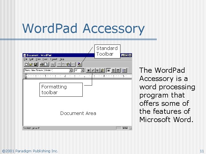 Word. Pad Accessory Standard Toolbar Formatting toolbar Document Area © 2001 Paradigm Publishing Inc. Word. Pad Accessory Standard Toolbar Formatting toolbar Document Area © 2001 Paradigm Publishing Inc.