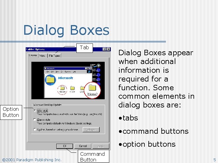 Dialog Boxes Tab Option Button Dialog Boxes appear when additional information is required for Dialog Boxes Tab Option Button Dialog Boxes appear when additional information is required for