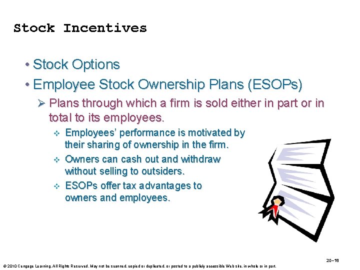 Stock Incentives • Stock Options • Employee Stock Ownership Plans (ESOPs) Ø Plans through