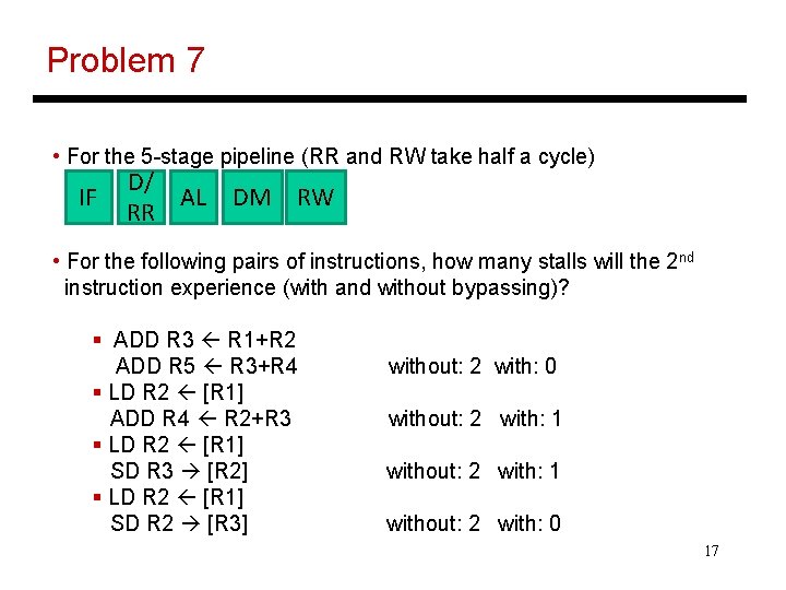 Problem 7 • For the 5 -stage pipeline (RR and RW take half a