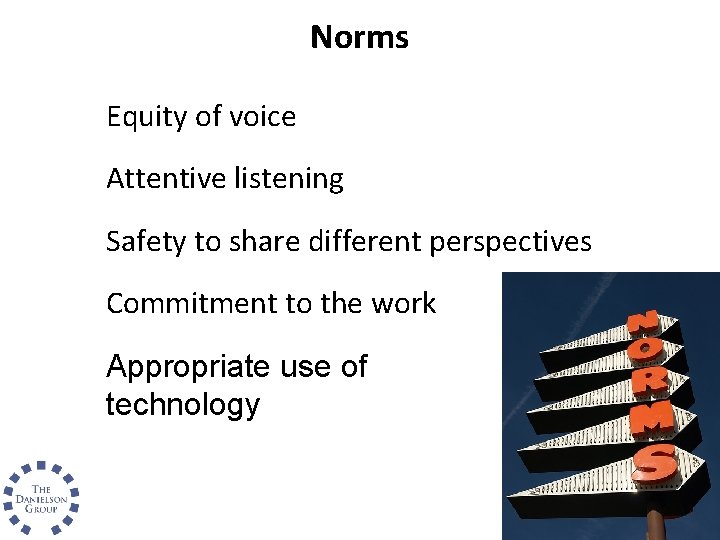 Norms Equity of voice Attentive listening Safety to share different perspectives Commitment to the