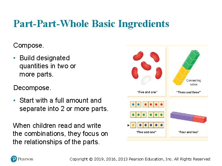Part-Whole Basic Ingredients Compose. • Build designated quantities in two or more parts. Decompose.
