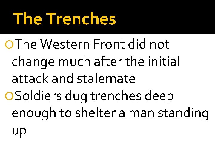 The Trenches The Western Front did not change much after the initial attack and