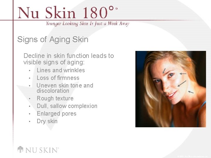 Signs of Aging Skin Decline in skin function leads to visible signs of aging: