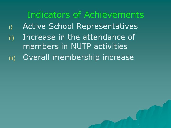 Indicators of Achievements i) iii) Active School Representatives Increase in the attendance of members