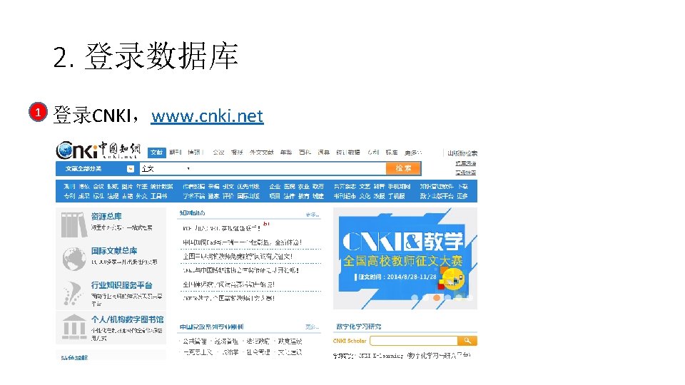 2. 登录数据库 1 登录CNKI，www. cnki. net 