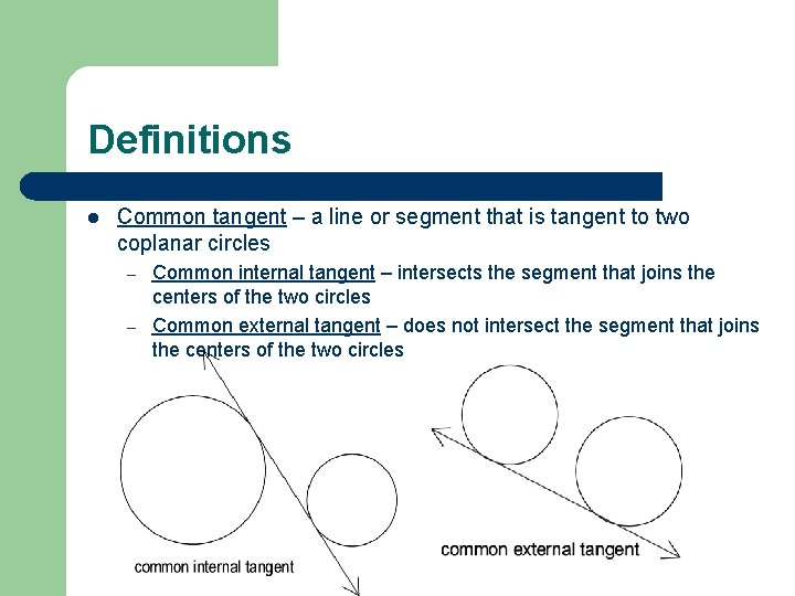 Definitions l Common tangent – a line or segment that is tangent to two