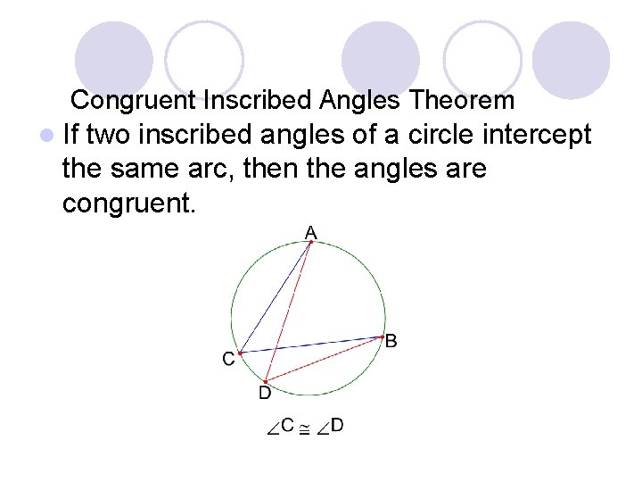 Congruent Inscribed Angles Theorem l If two inscribed angles of a circle intercept the