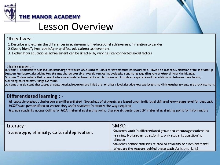 Lesson Overview Objectives: 1. Describe and explain the differences in achievement in educational achievement