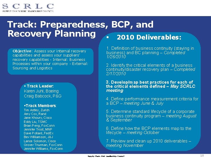 Track: Preparedness, BCP, and Recovery Planning § 2010 Deliverables: Objective: Assess your internal recovery