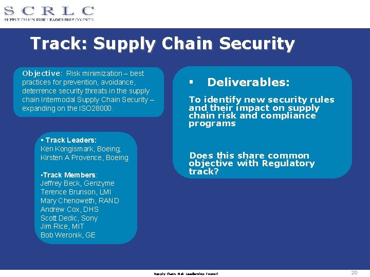 Track: Supply Chain Security Objective: Risk minimization – best practices for prevention, avoidance, deterrence