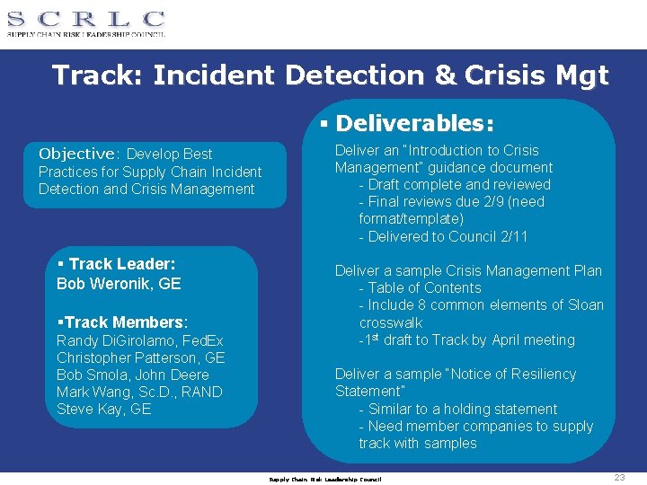 Track: Incident Detection & Crisis Mgt § Deliverables: Objective: Develop Best Practices for Supply