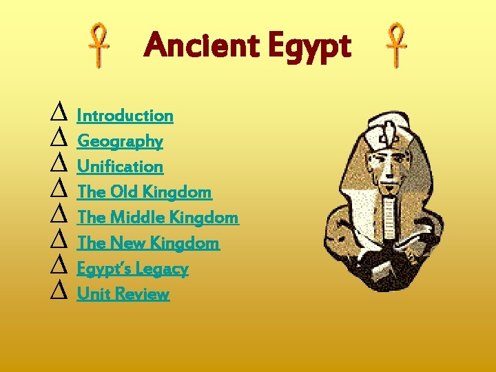 Ancient Egypt ∆ Introduction ∆ Geography ∆ Unification ∆ The Old Kingdom ∆ The