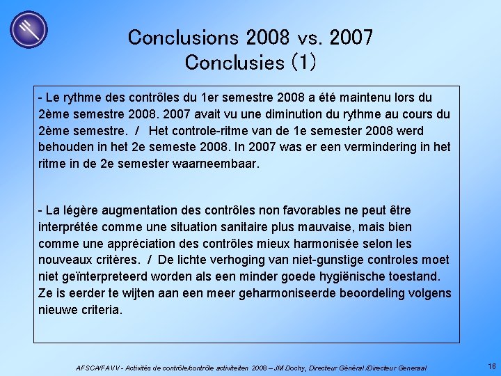 Conclusions 2008 vs. 2007 Conclusies (1) - Le rythme des contrôles du 1 er