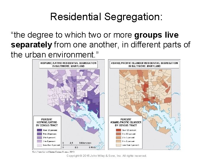 Residential Segregation: “the degree to which two or more groups live separately from one