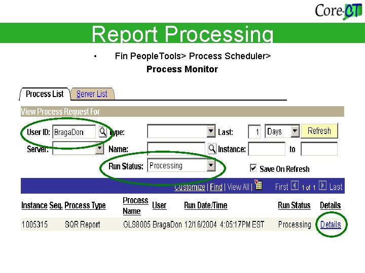 Report Processing • Fin People. Tools> Process Scheduler> Process Monitor 
