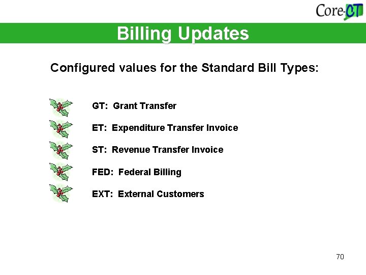 Billing Updates Configured values for the Standard Bill Types: GT: Grant Transfer ET: Expenditure