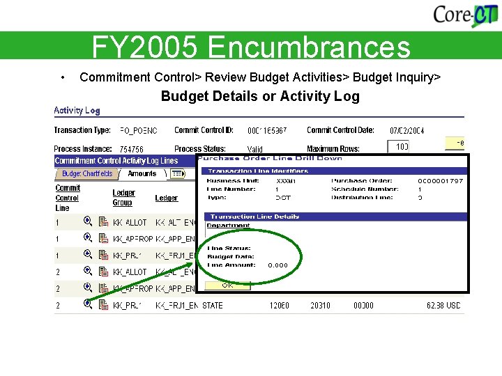 FY 2005 Encumbrances • Commitment Control> Review Budget Activities> Budget Inquiry> Budget Details or