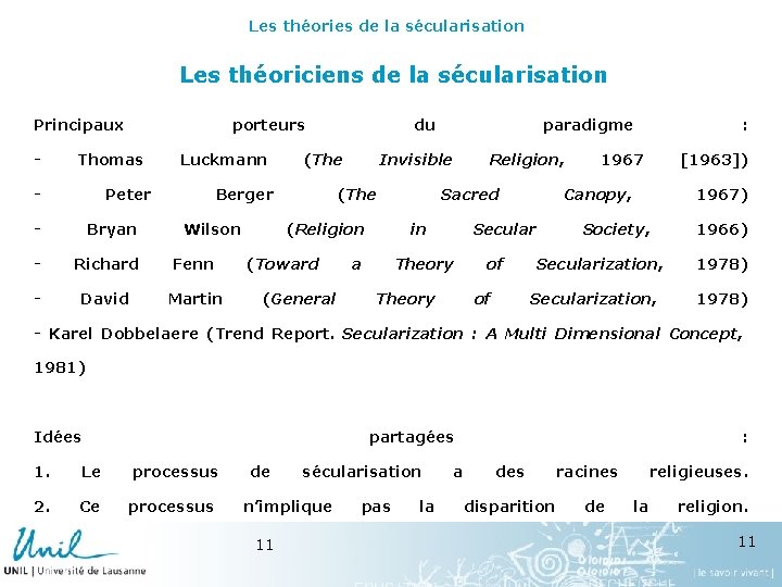 Les théories de la sécularisation Les théoriciens de la sécularisation Principaux - porteurs Thomas