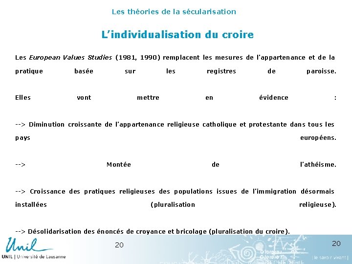 Les théories de la sécularisation L’individualisation du croire Les European Values Studies (1981, 1990)