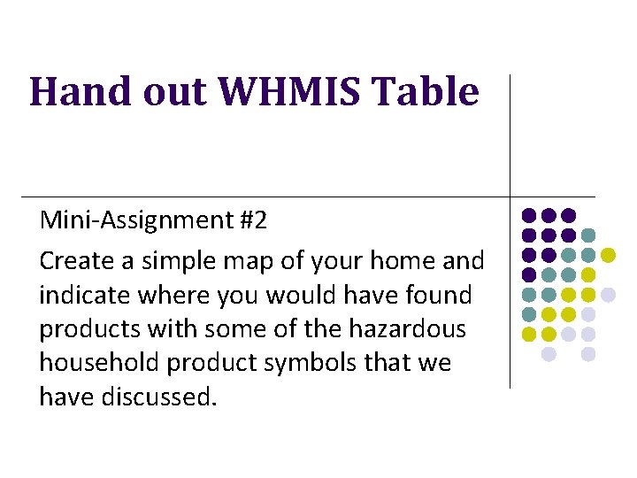 Hand out WHMIS Table Mini-Assignment #2 Create a simple map of your home and