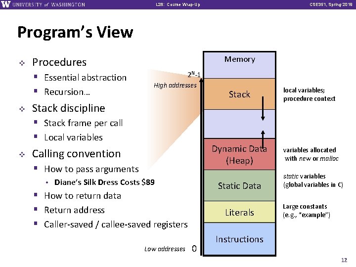 L 28: Course Wrap-Up CSE 351, Spring 2019 Program’s View v § Essential abstraction