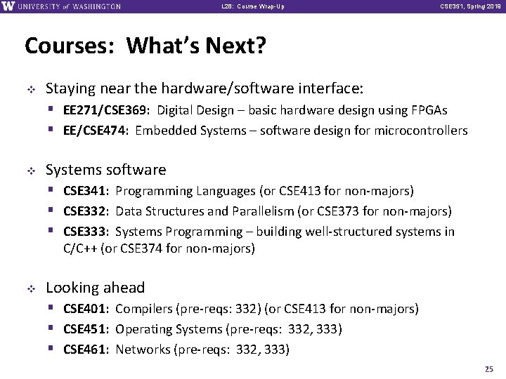 L 28: Course Wrap-Up CSE 351, Spring 2019 Courses: What’s Next? v Staying near